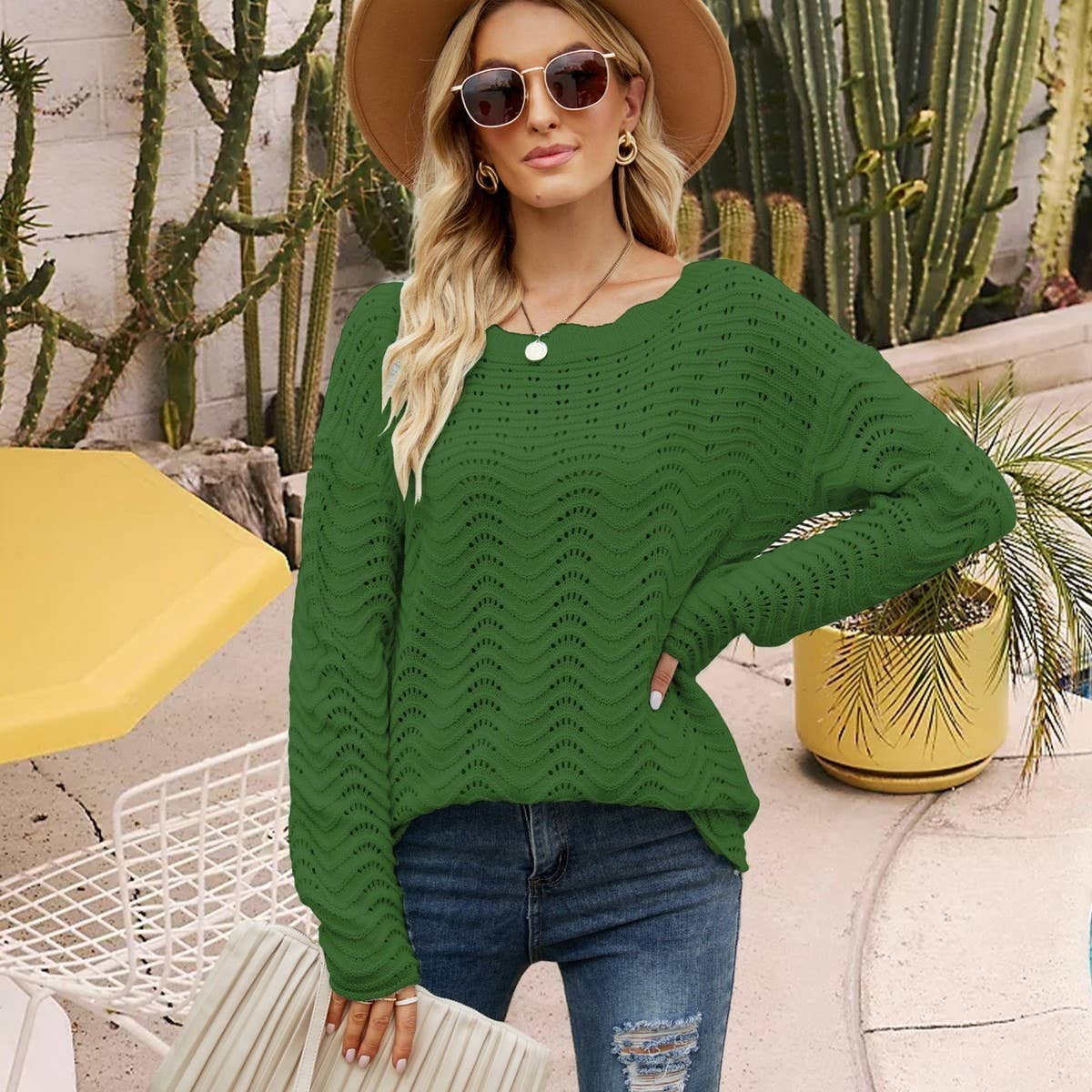 Hollowed-out pullover lace line neck sweater