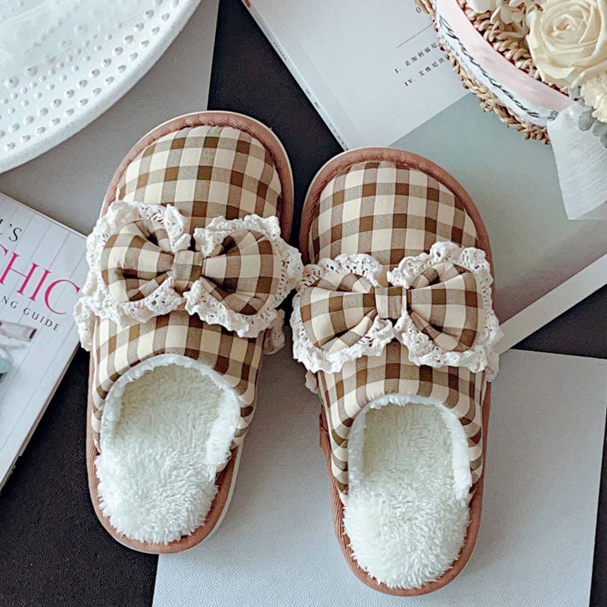WOMEN'S CHECKERED BOW NON-SLIP COTTON SLIPPERS