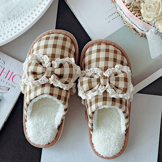 WOMEN'S CHECKERED BOW NON-SLIP COTTON SLIPPERS