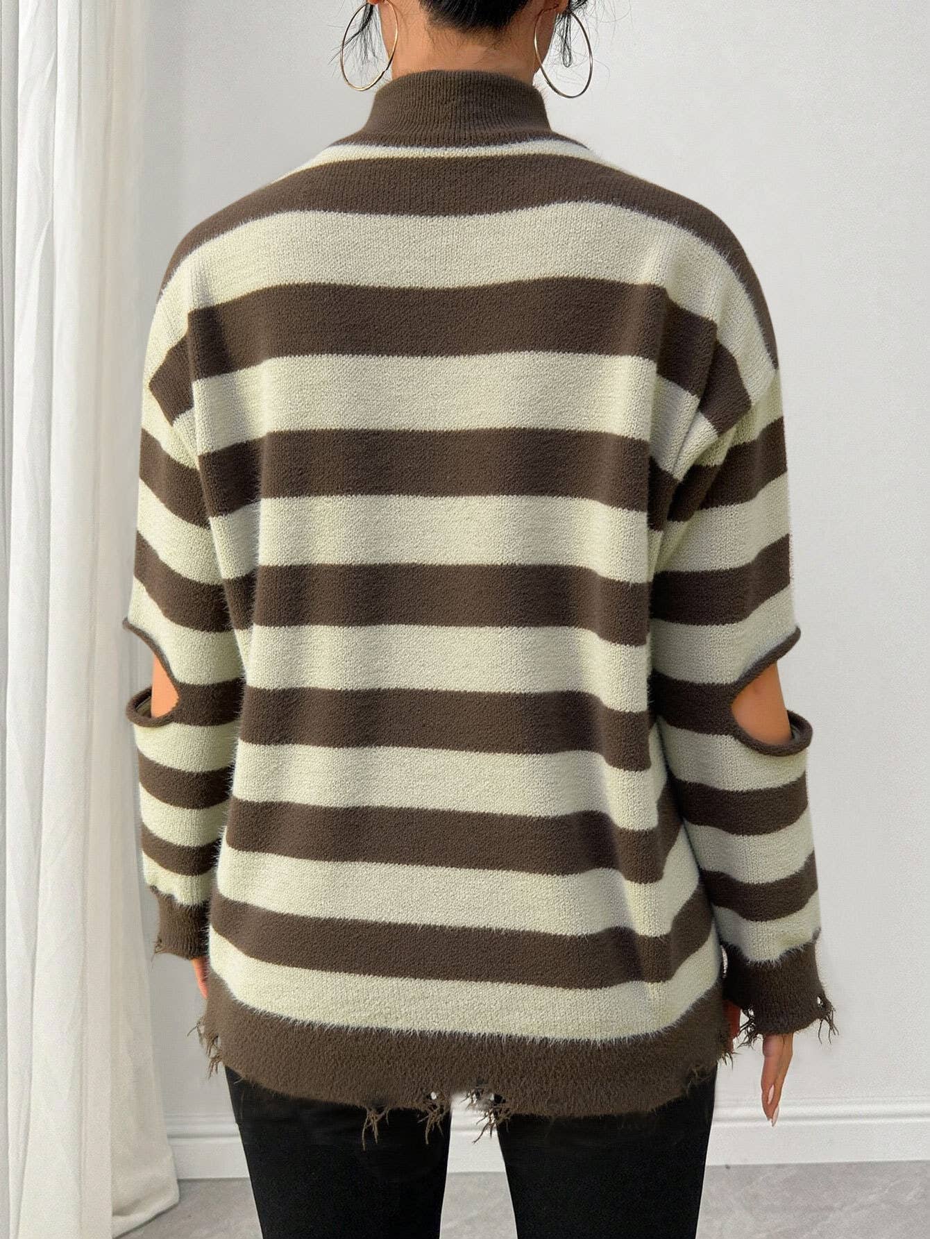 Striped sleeves hollow-out knitting sweaters
