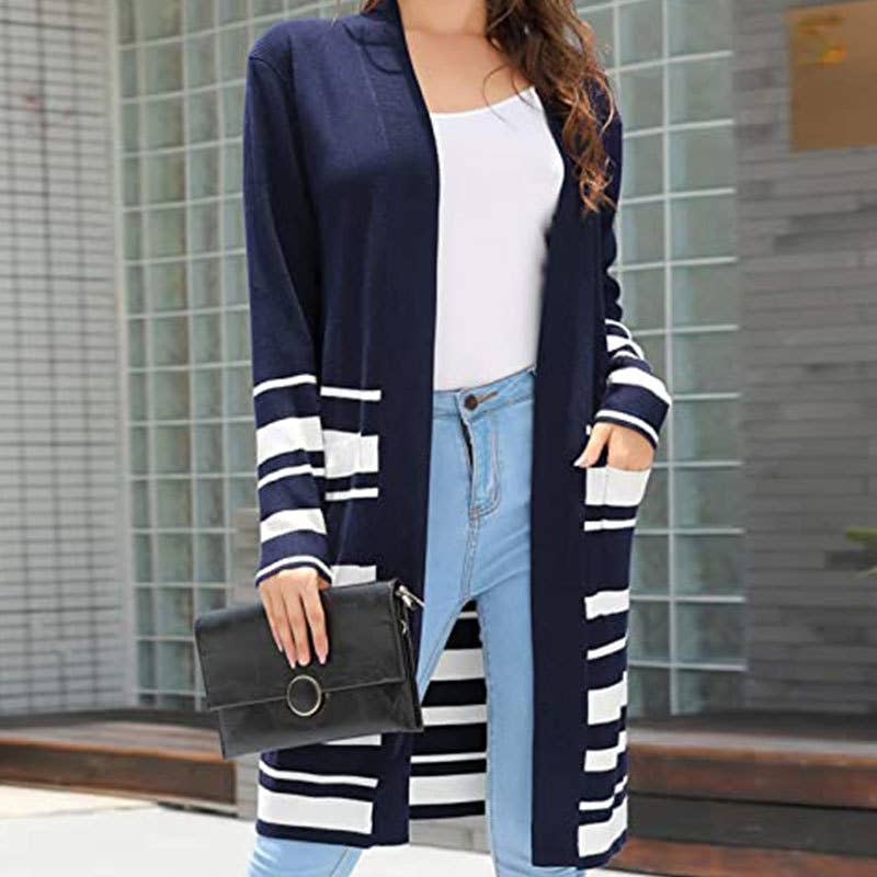 STRIPED LOOSE MID-LENGTH KNIT CARDIGAN COAT