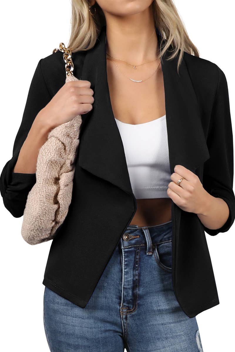 CWOBL091_Casual Work Ruched 3/4 Slv Open Front Blazer Jacket