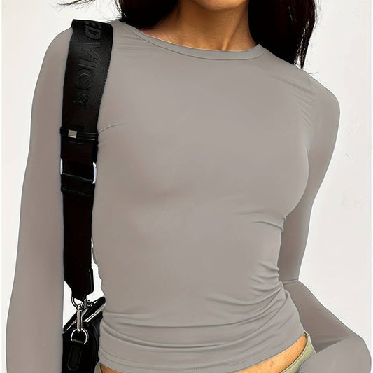 Solid color crew-neck basic long-sleeved shirt