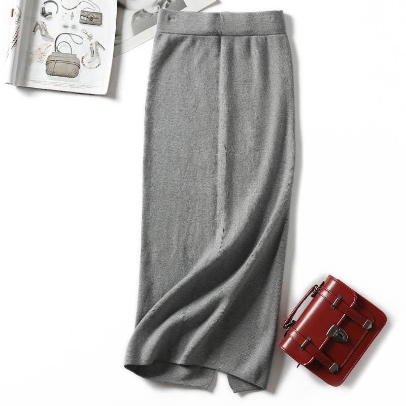 SIMPLE SLIM-FIT WRAP BOTTOM SPLIT KNIT SKIRT