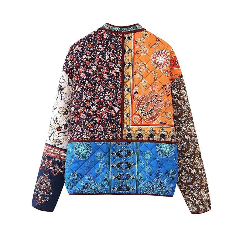 Vintage art style patchwork collared cotton jacket