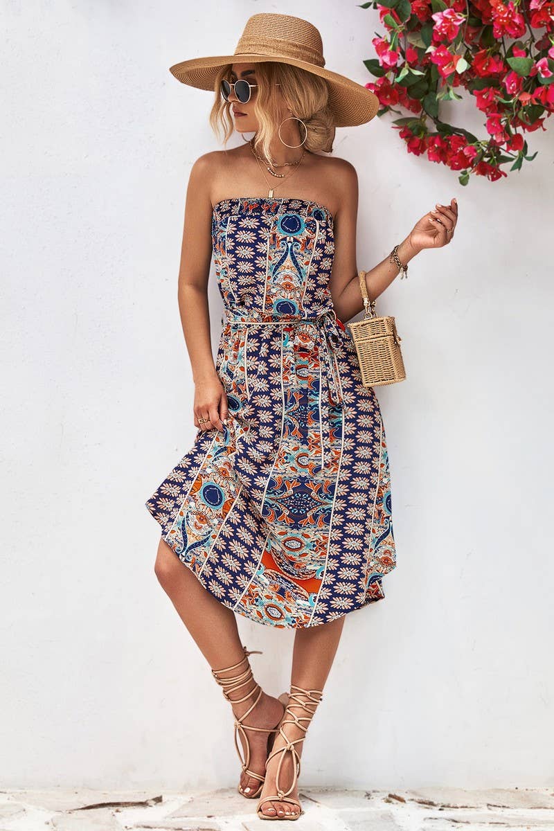 WOMEN FIT STRAPLESS PRINT DRESS_CWDSD2643