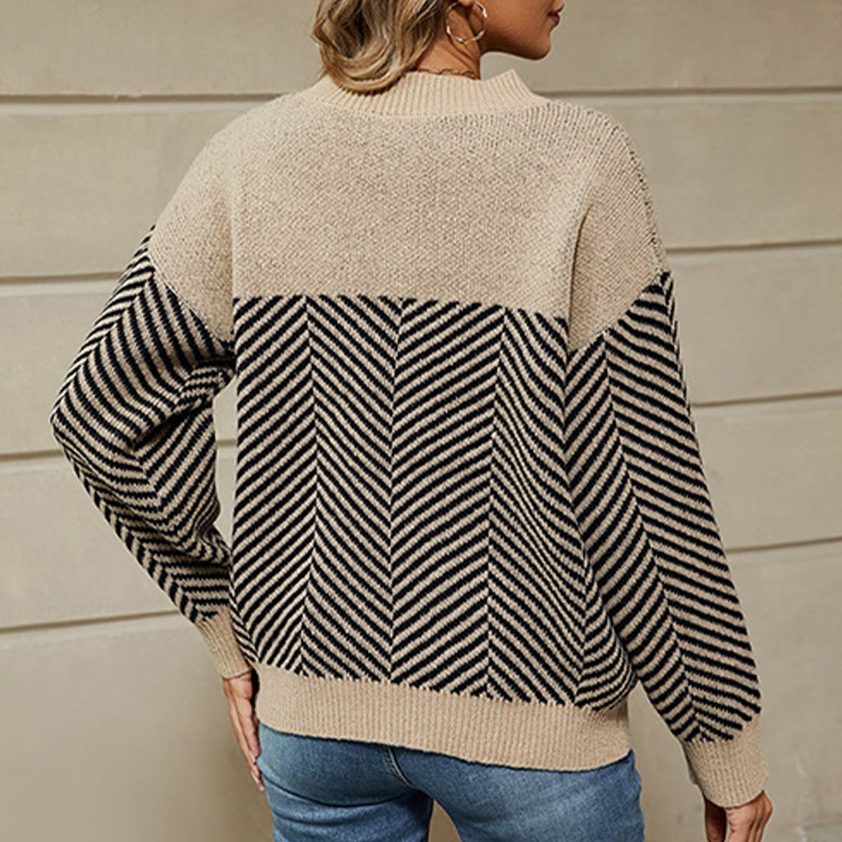 LONG SLEEVE CREW NECK JUMPER STRIPED KNIT SWEATER