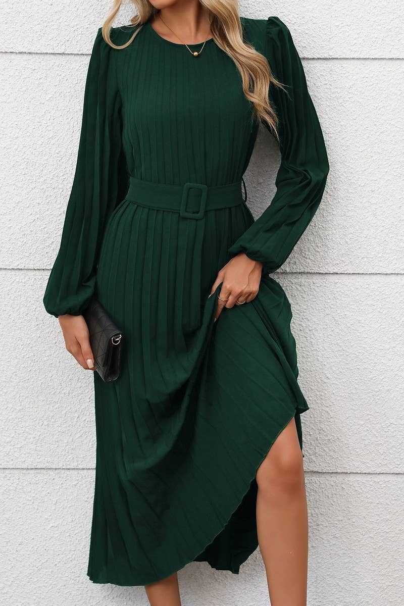 CWDMD01038_ELEGANT VINTAGE LONG SLEEVE PLEATED SOLID DRESS