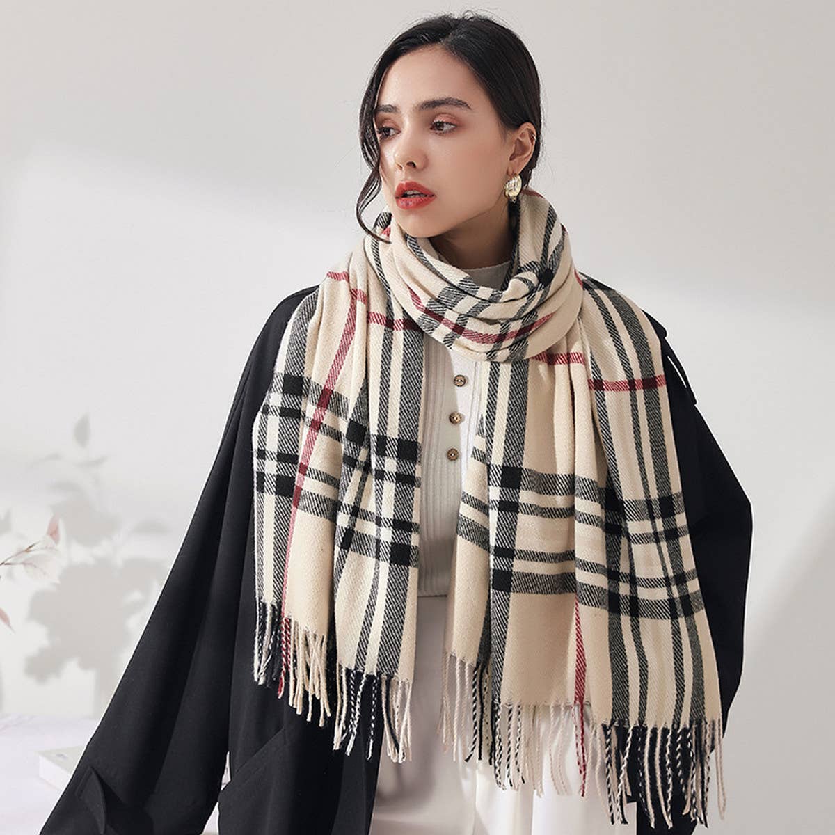 Plaid Faux Cashmere Scarf - Sweet Mid-Length Wrap_CWASC0190