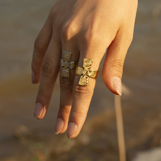 STAINLESS STEEL GOLD CROSS OPEN RING_CWAJE1227