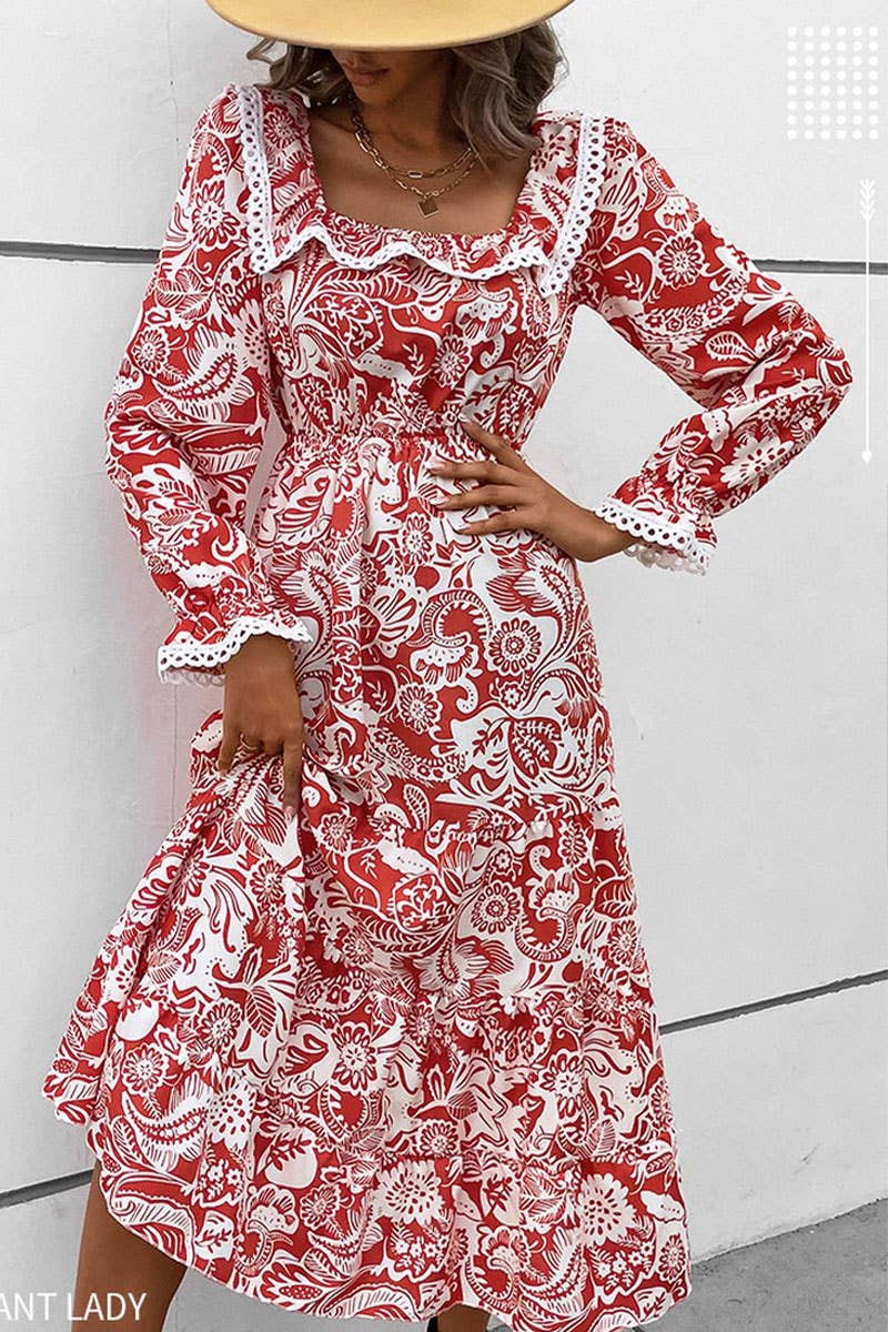 CWDMD4542_SPRING AND AUTUMN LONG SLEEVE RED PRINTED DRESS