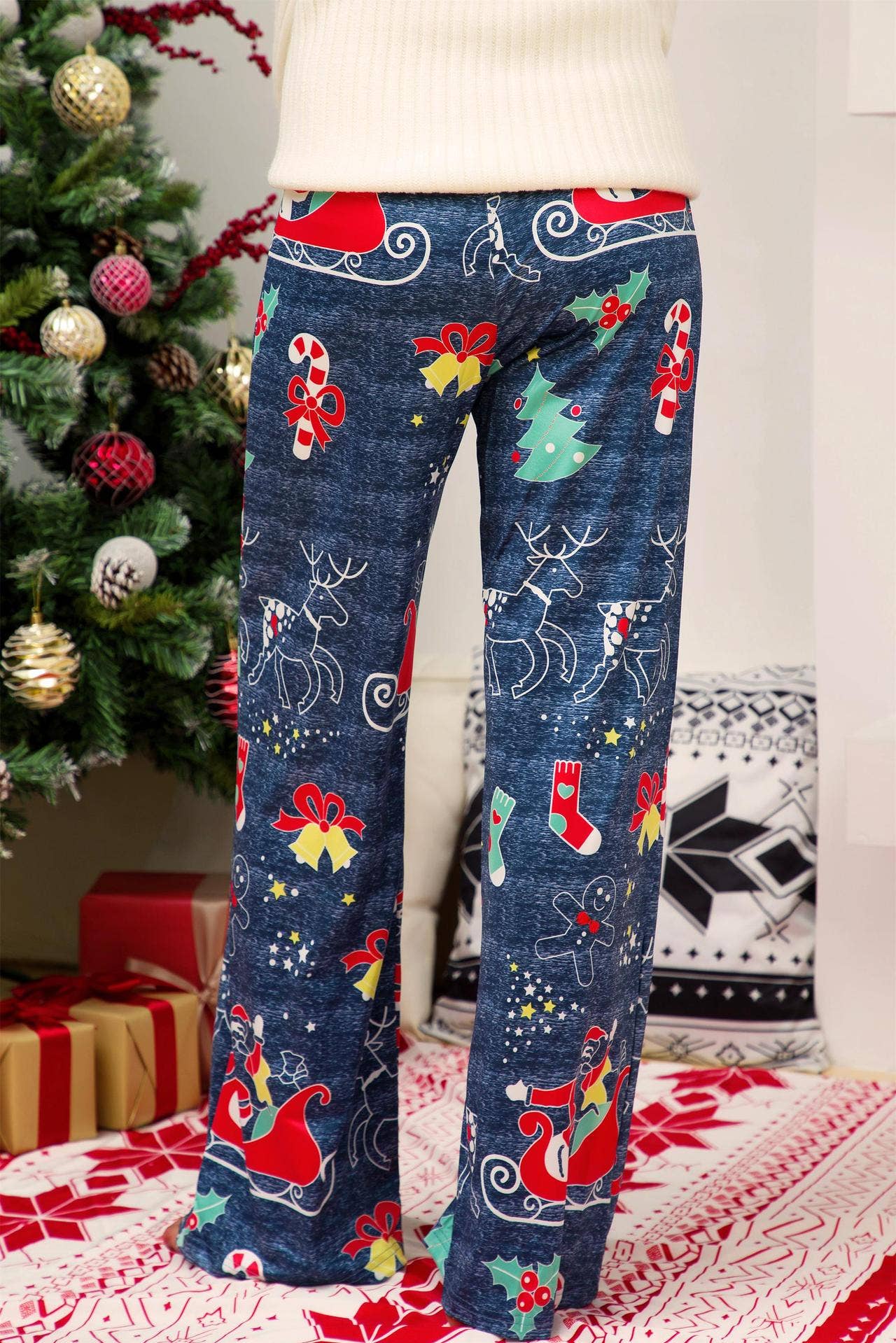 Christmas print patchwork lace-up wide-leg pants