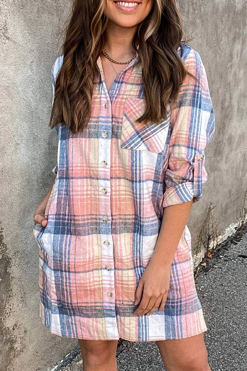 CWDSD6623_SINGLE-BREASTED PLAID LONG-SLEEVED SHIRT DRESS