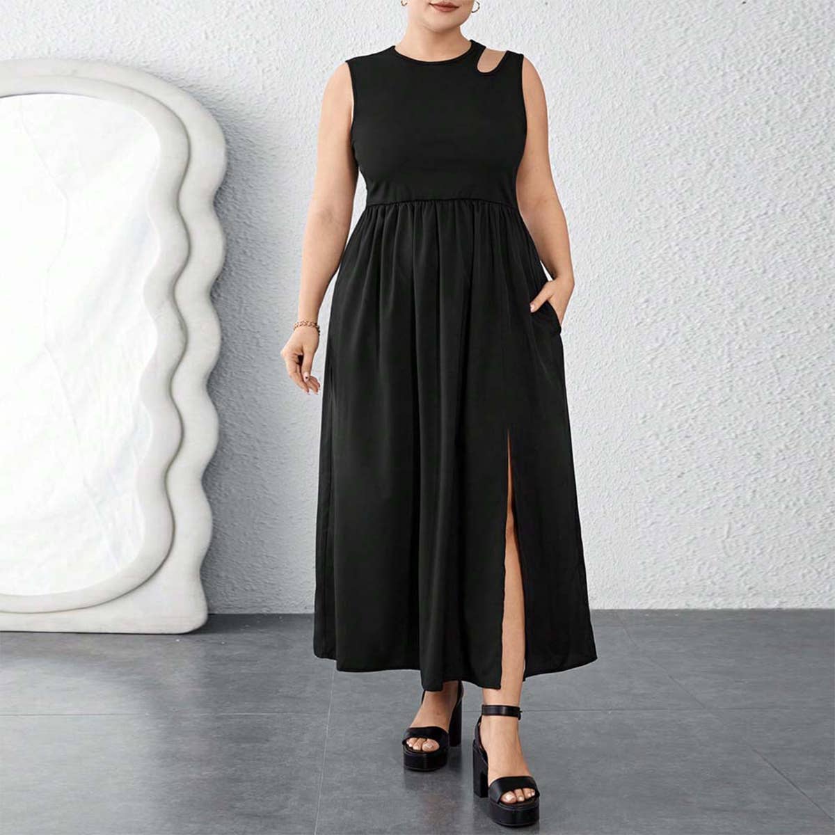 Sleeveless Color-Block Cutout Waist Dress_CWDMD6047