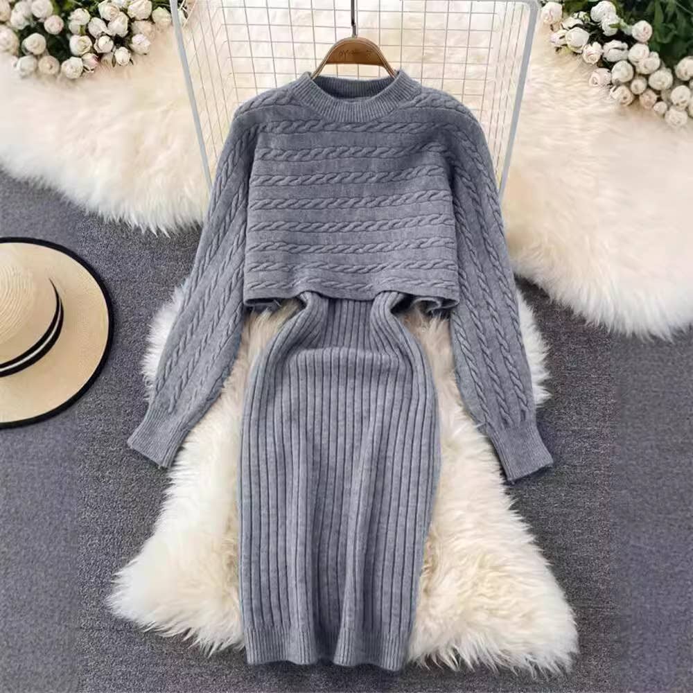 Fleece Knitted Top With Halter Wool Skirt Set