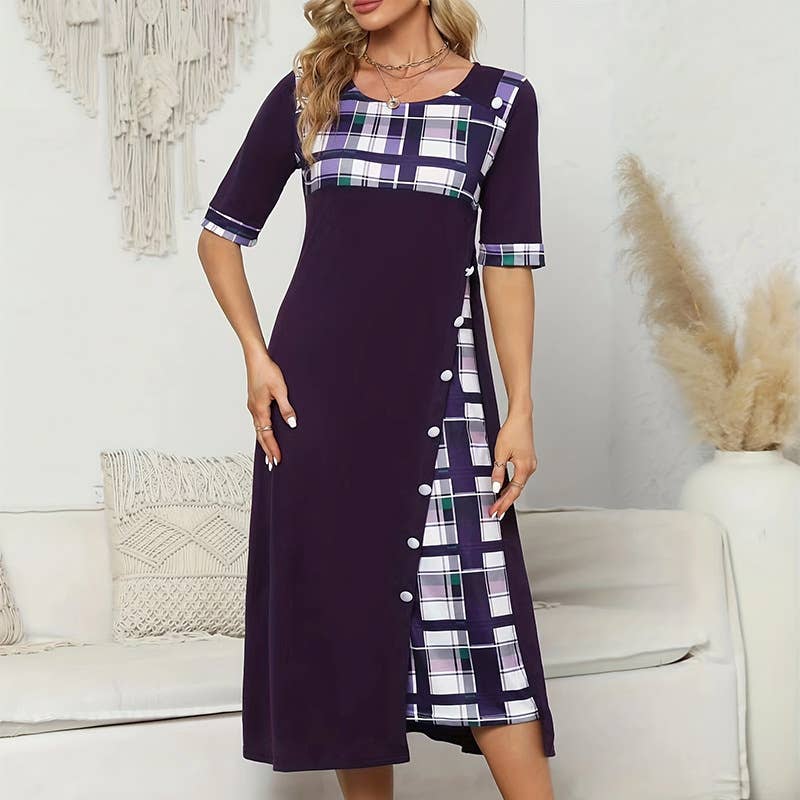 ROUND NECK COLOR CONTRAST IRREGULAR LONG DRESS