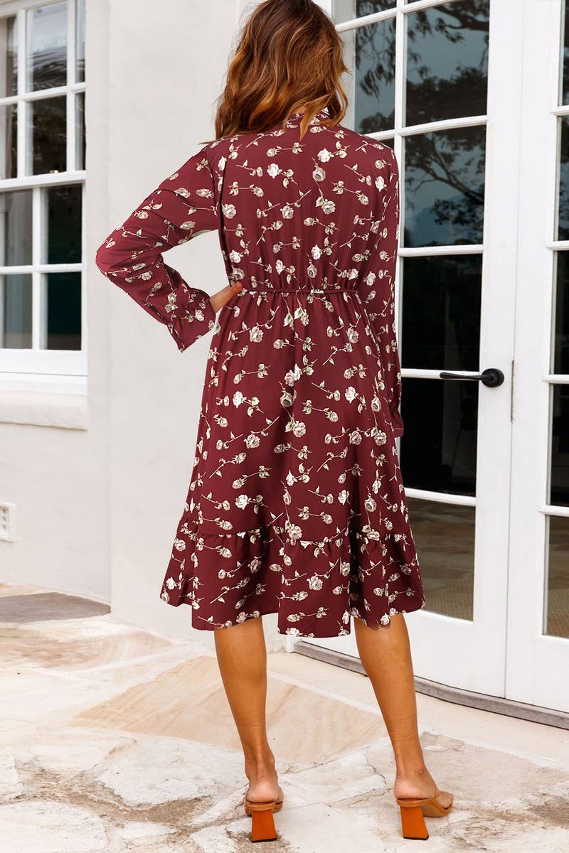 CWDMD6204_FLORAL RUFFLE TRIM FLARE SLEEVE WAIST DRESS