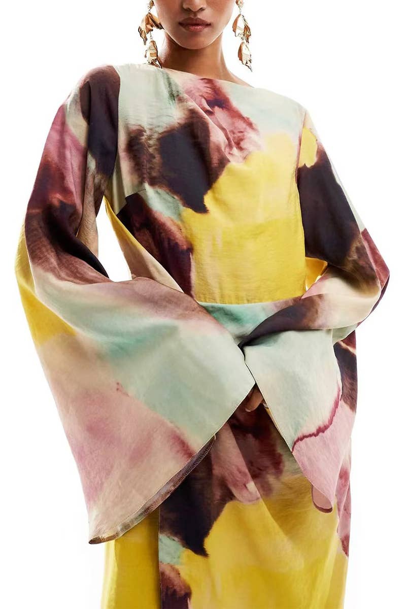 CWDMD5475_PLEATED PRINTED TRUMPET SLEEVE MAXI DRESS