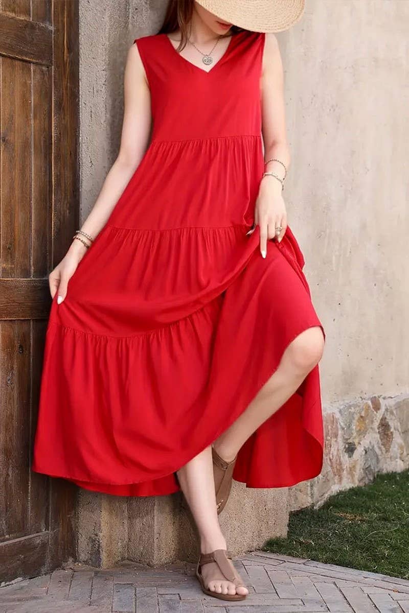 CWDMD4880_SOLID V NECK TIERED HEM SLEEVELESS DRESS