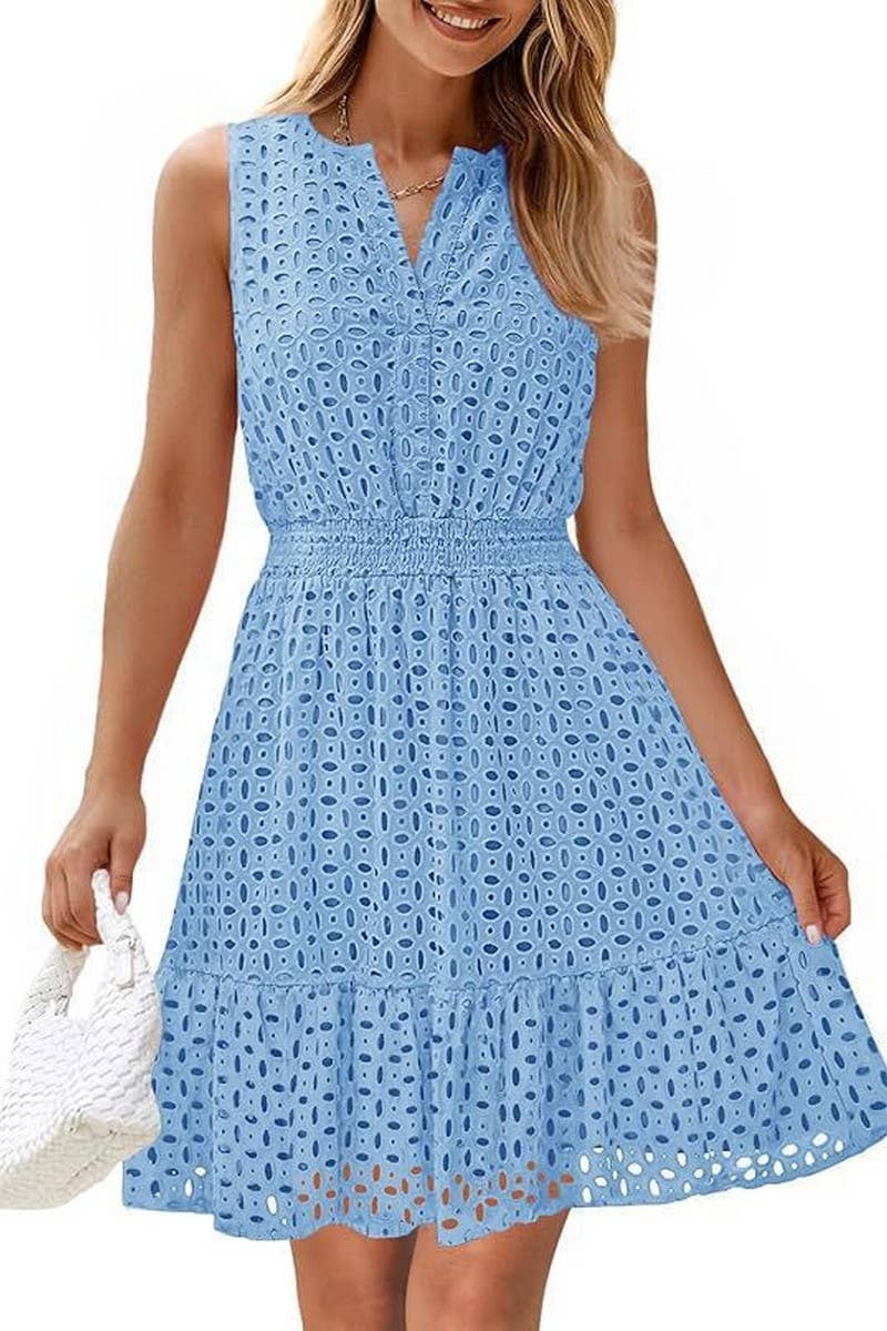 CWDSD8008_SUMMER V-NECK HOLLOW EYELET HIGH WAIST DRESS