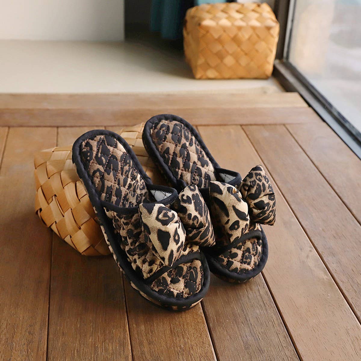 Leopard Bow Indoor Slippers Non-Slip Quiet