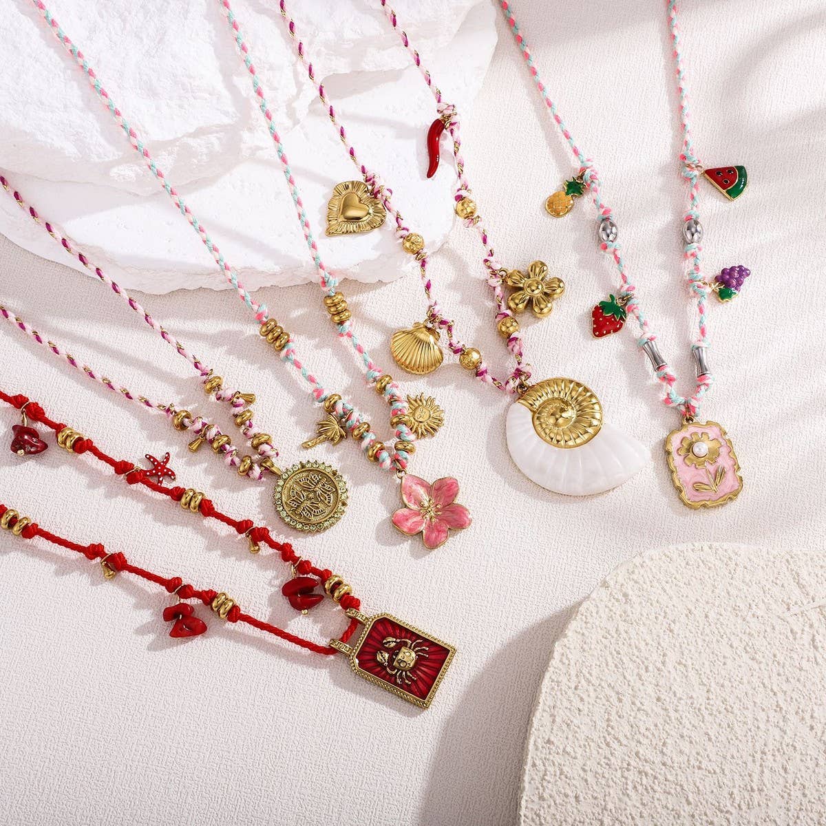 Handmade Cotton Rope Necklace with Shell Charms