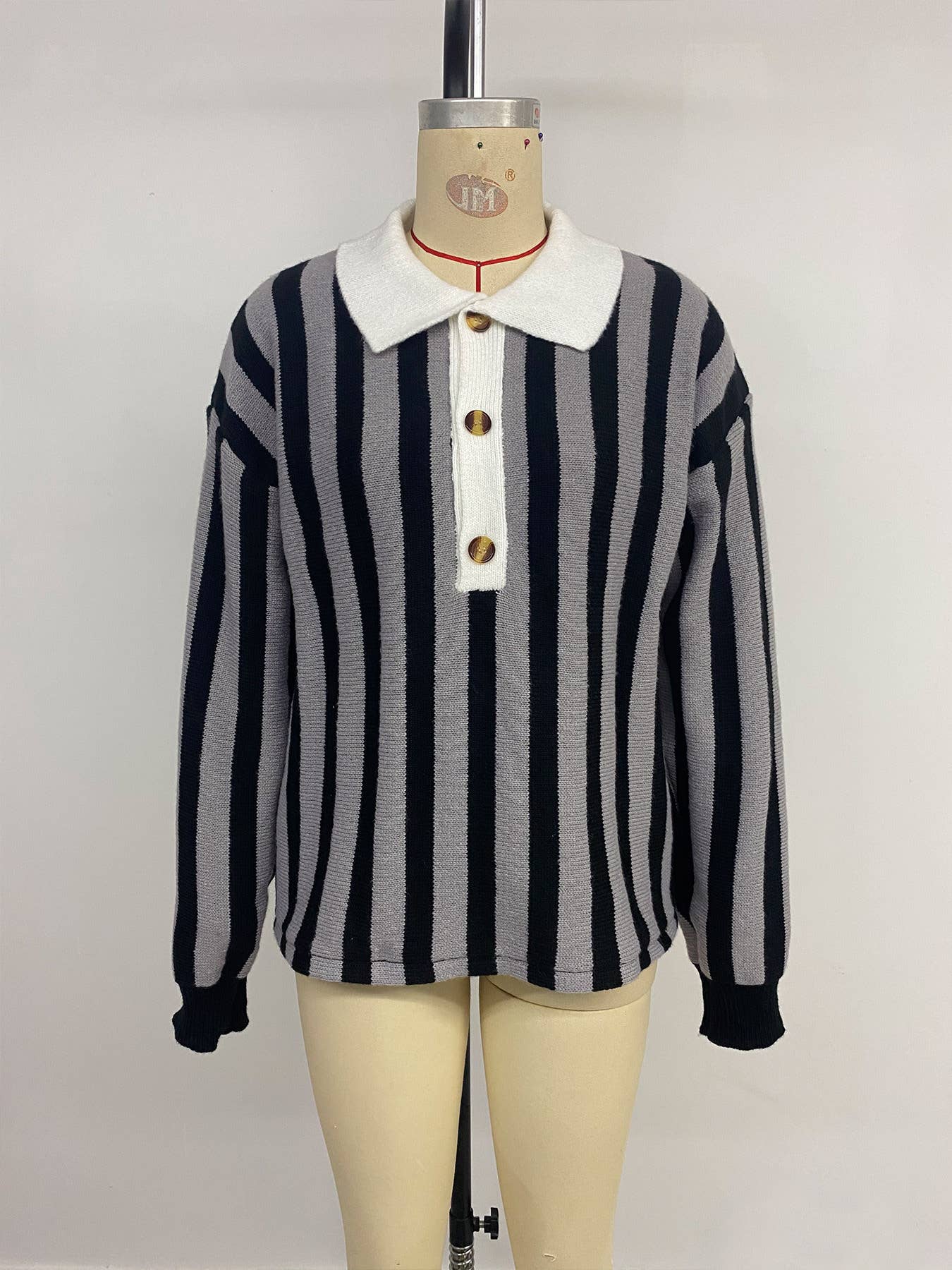 Vertical striped lapel pullover knitted sweater