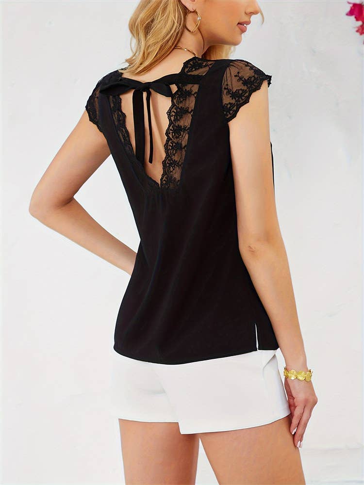 Lace stitching through V-neck blouse