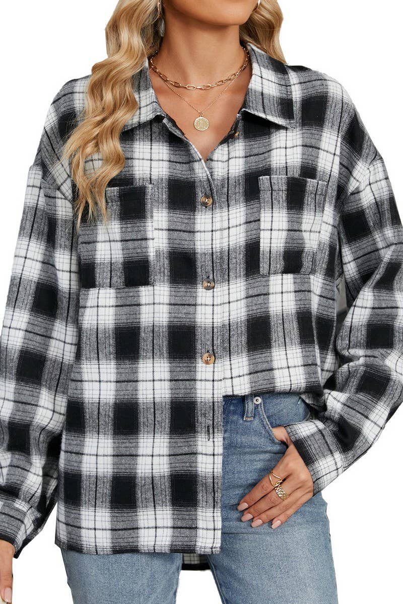 CWOCO0473_LAPEL PLAID CONTRAST LONG SLEEVE SHIRT COAT