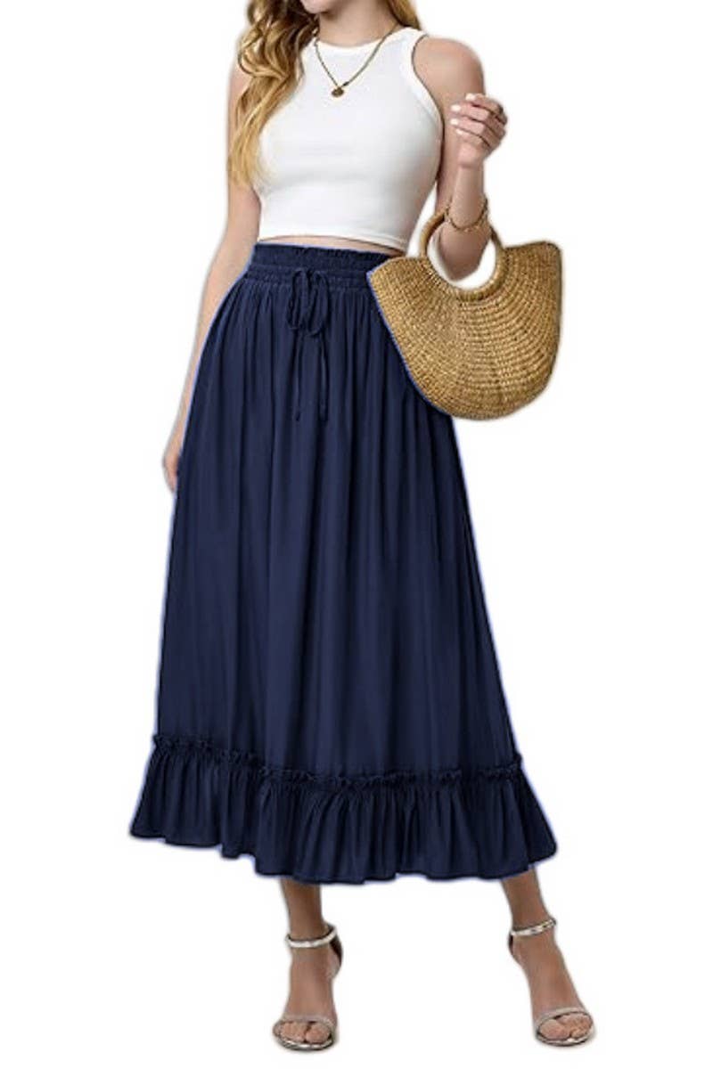 CWBMS0456_DRAWSTRING ELASTIC WAIST LONG SKIRT WITH RUFFLES