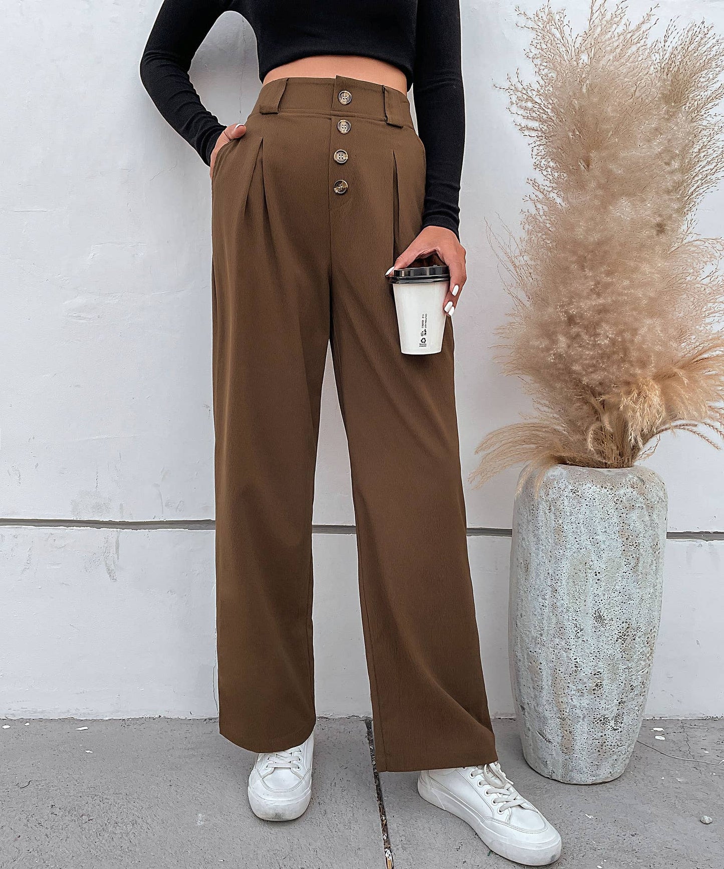 SOLID COLOR HIGH-WAISTED STRAIGHT-LEG PANTS
