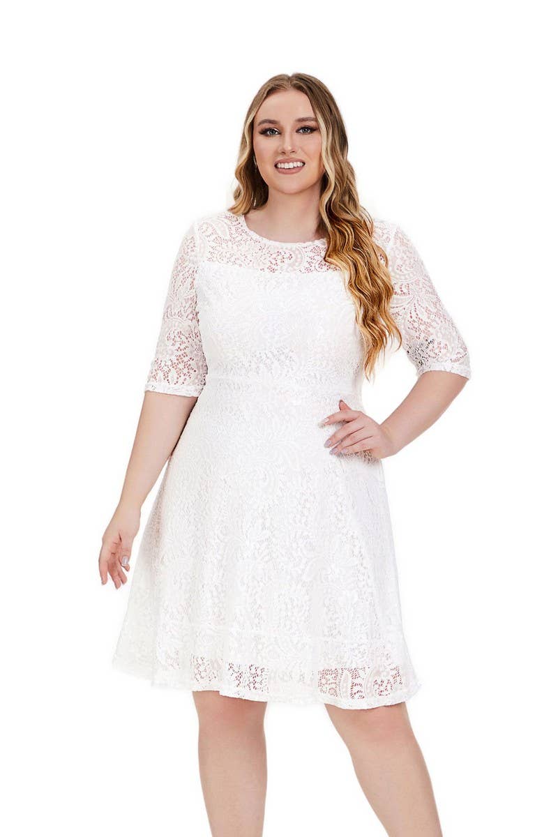 CWDSD5552_PLUS SIZE ROUND NECK LACE MIDI DRESS