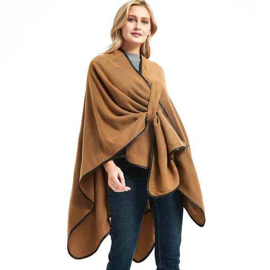 BUCKLE LEATHER SOLID CAMEL COLOR SPLIT SHAWL_CWASC1210