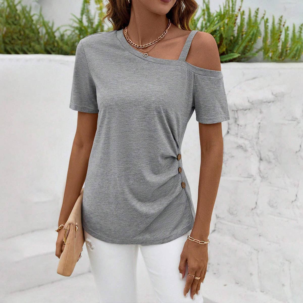 SIDE PLEATED DESIGN WITH SHOULDER HOLLOWOUT TSHIRT