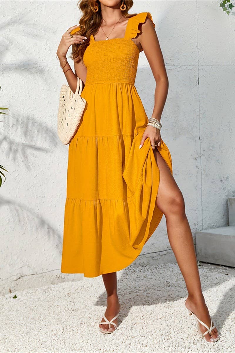 CWDHL0782_RUFFLED FLYING SLEEVES LONG FRENCH SLING DRESS