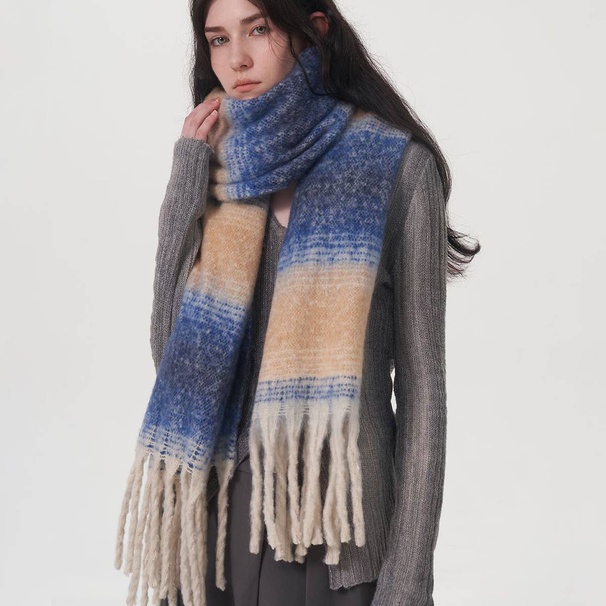 Plaid Stripe Scarf ??Wide Faux Cashmere Wrap_CWASC0333