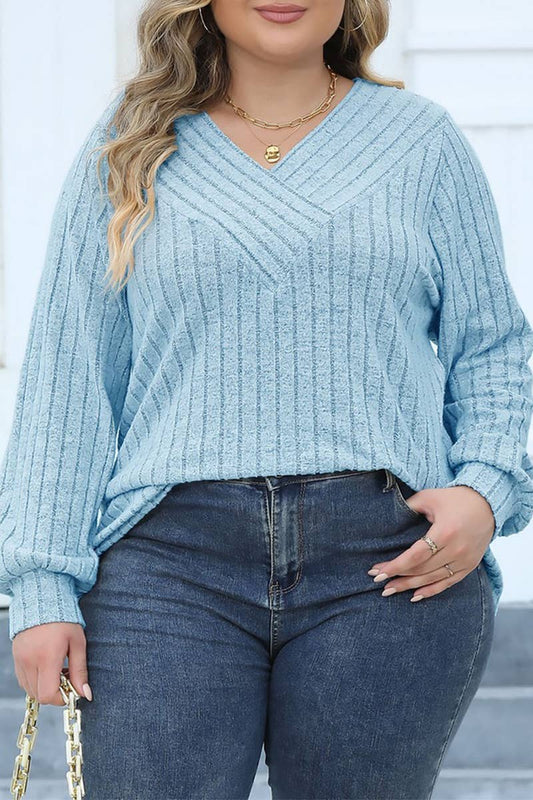 Cwttl1311_Plus Size V-Neck Long Sleeve Pullover Top