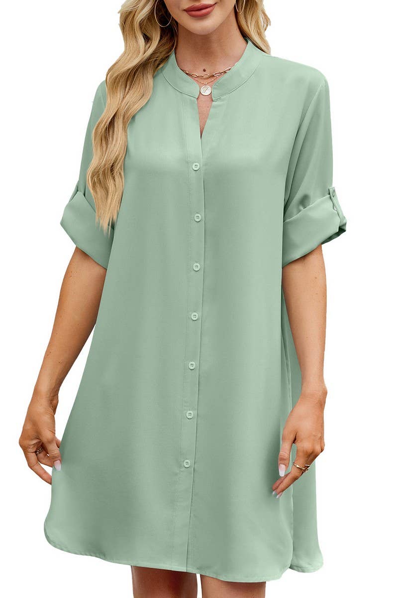 CWDSD7290_SOLID COLOR V NECK BUTTON SHIRT DRESS