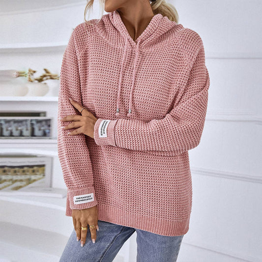 Solid color hooded drawstring knit sweater