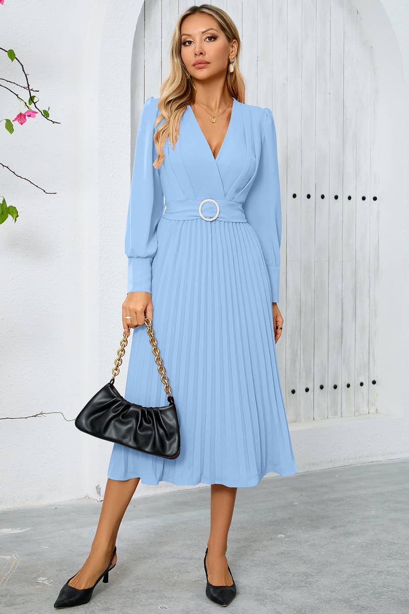 CWDMD3997_V-NECK PLEATED BELTED A-LINE MAXI DRESS