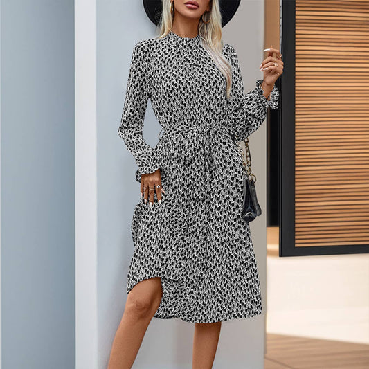 LACE-UP GEOMETRIC PRINT LONG-SLEEVED DRESS