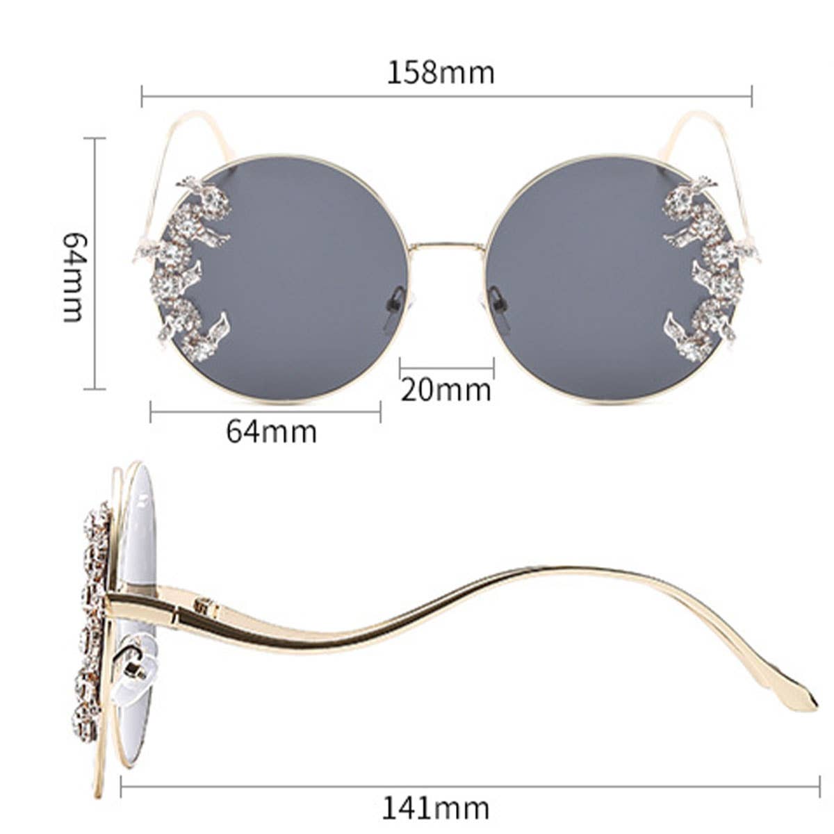 Luxury Rhinestone Wave Metal Leg Round Sunglasses