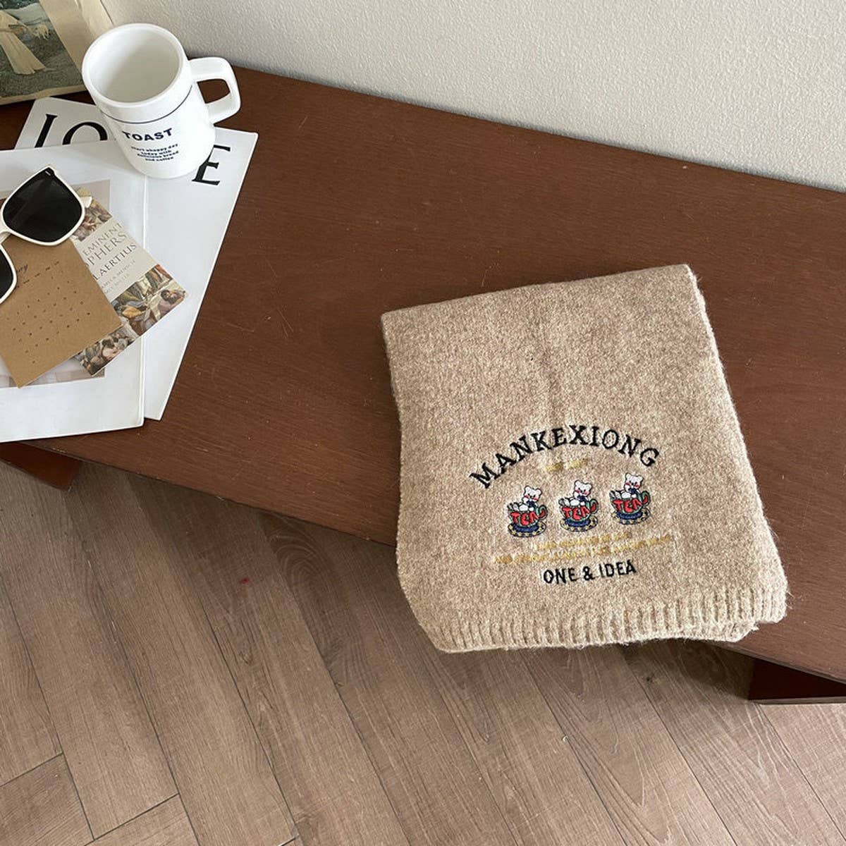 CUTE BEAR EMBROIDERY SOLID COLOR KNITTED SCARF