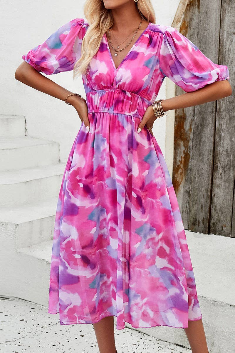 CWDMD0995_Deep V-Neck Short Sleeve Floral Print Midi Dresses