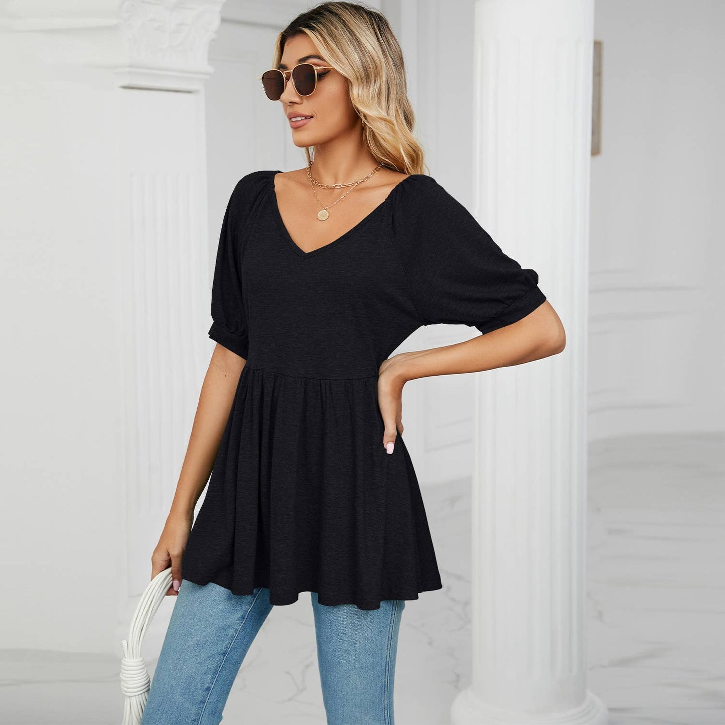 V-NECK BUBBLE SHORT SLEEVE T-SHIRT TUNIC