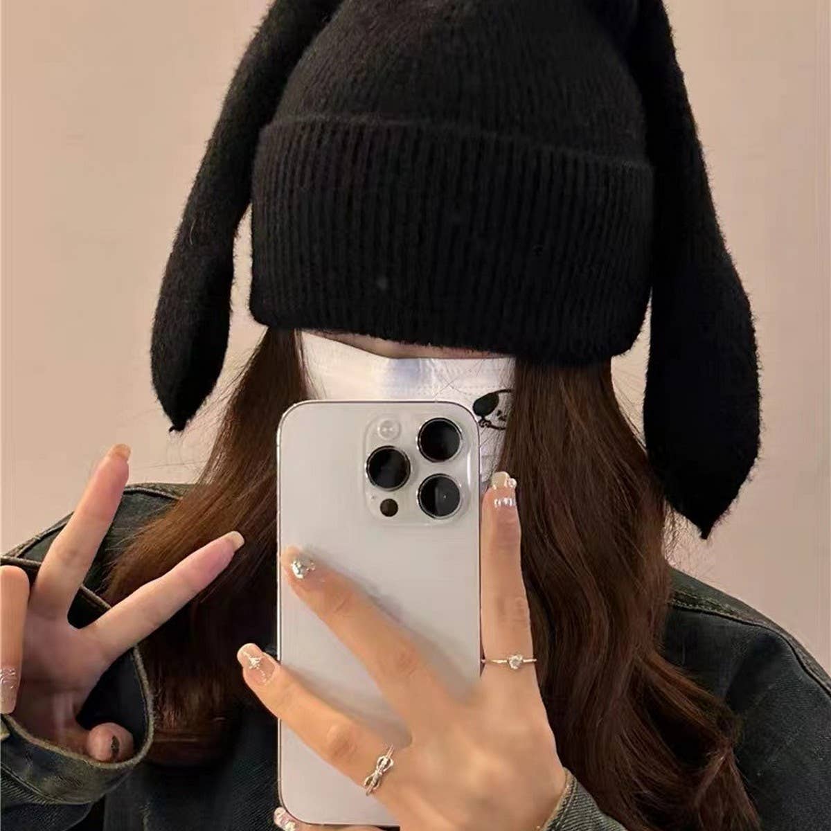 CWAH2212_SOLID COLOR LONG EAR RABBIT KNITTED WOOL HAT