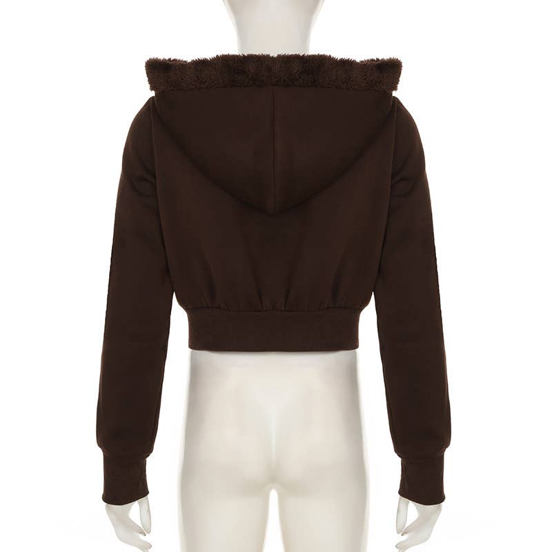 SOLID COLOR LOOSE SIMPLE ZIPPER FURRY JACKET