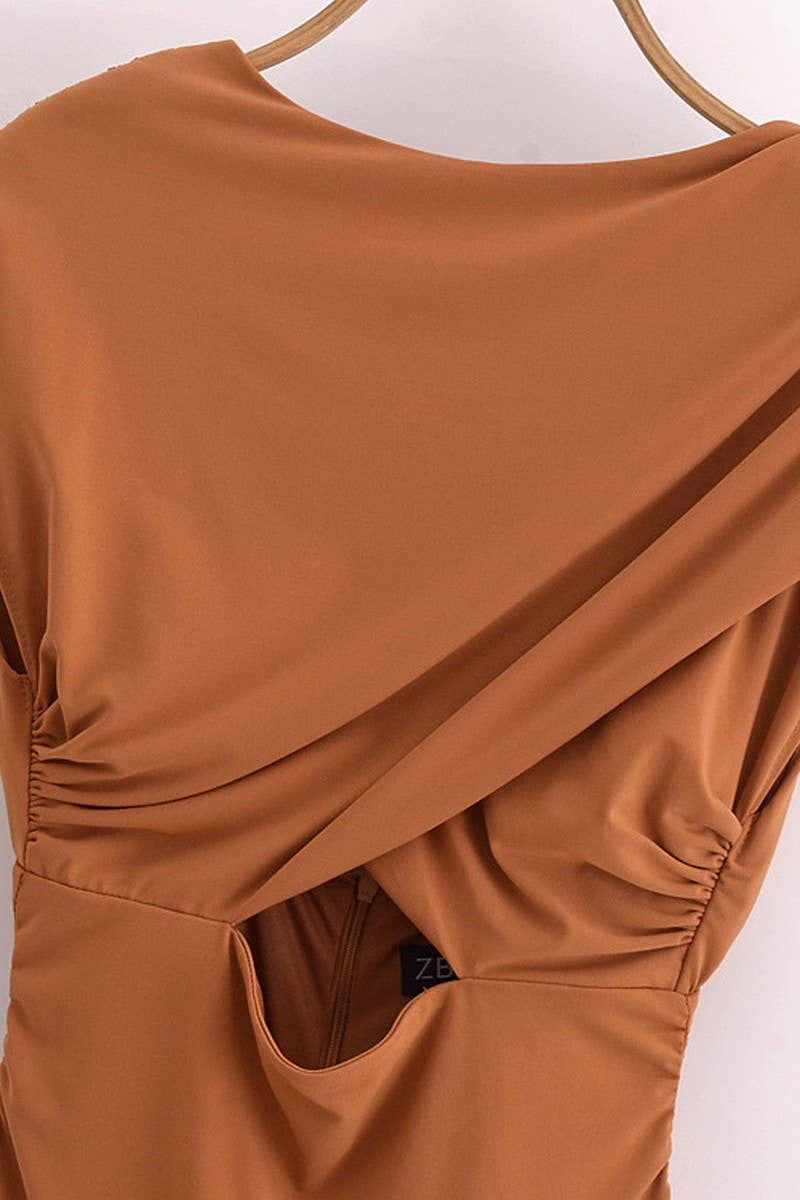 CWDMD4192_SOLID COLOR PLEATED HOLLOW BACKLESS DRESS