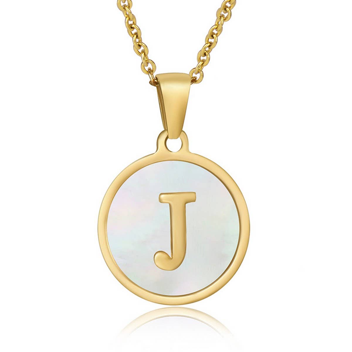 CWAJE1934_Round Stainless Steel White Shell Letter Necklace
