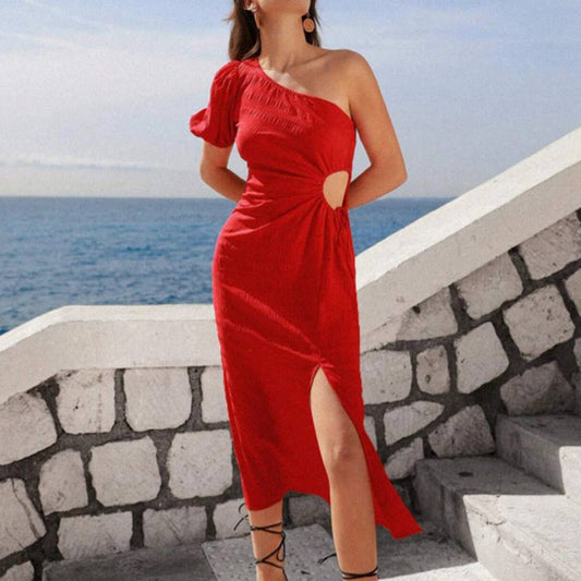One shoulder frosted sleeve knot side split dress